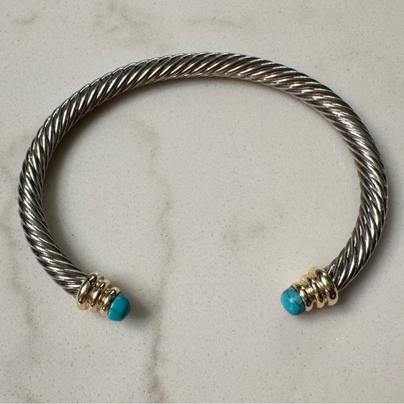 Two Tone Cable Bracelet with Open Cuff Faux Turquoise Silver Tone and Gold Tone - Picture 2 of 9